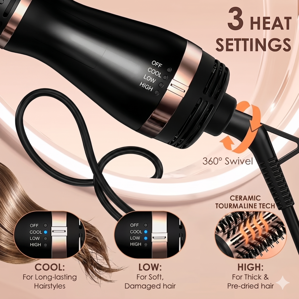 Close-up product infographic of the SKIMI black and rose gold hair dryer brush. The image highlights the handle's three adjustable heat settings (Cool, Low, High), the 360-degree swivel cord base, and the ceramic tourmaline brush head. Small inset circles demonstrate the LED indicator for each heat mode with styling recommendations for different hair types.