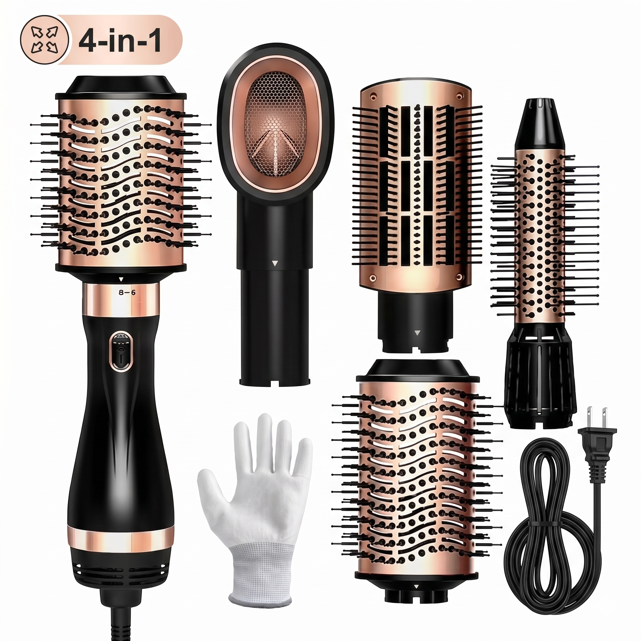 This image displays the SKIMI Hair Dryer Brush tool set laid out against a pure white background. The set includes a black and rose gold Hot Air Brush handle with the large volumizing Blow Dryer Brush head attached. Arranged to the right are four interchangeable Plastic styling attachments, including a Curling Brush Hair Dryer, a concentrator nozzle, and a paddle brush. A separate white glove and a neatly coiled power cord and plug are also visible. A graphic element in the top-left corner indicates a '4-in-1' functionality.