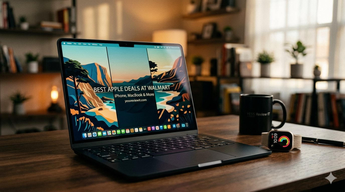 Cinematic shot of a MacBook Air and Apple Watch on a wooden desk displaying Apple deals at Walmart with a coffee mug.