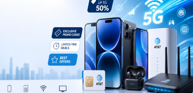 AT&T promo codes and deals featuring smartphones, 5G network, SIM cards, fiber internet, Wi-Fi router, and exclusive mobile savings offers.